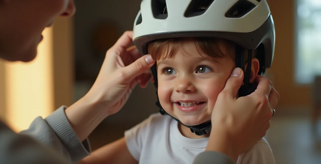 Illustration montrant un parent ajustant un casque de vélo à un enfant souriant dans un cadre familial et lumineux
