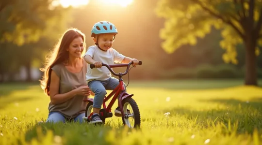 Un enfant souriant apprend à faire du vélo avec un parent en extérieur, dans un cadre apaisant et sécurisé
