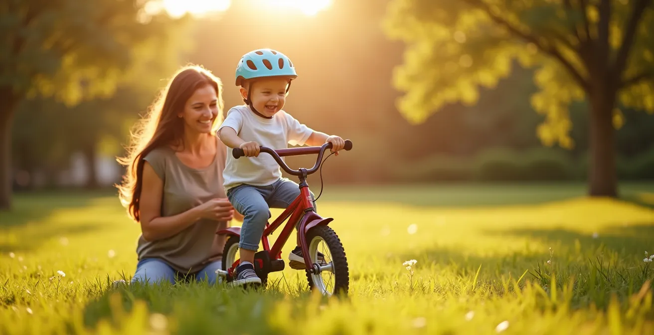 Un enfant souriant apprend à faire du vélo avec un parent en extérieur, dans un cadre apaisant et sécurisé