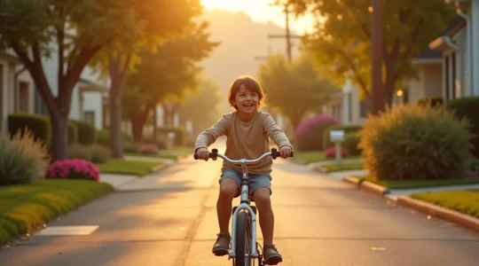 Enfant souriant sur un vélo dans une rue de quartier, ambiance d'aventure et découverte à proximité de la maison