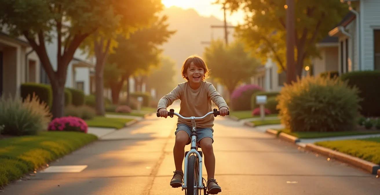 Enfant souriant sur un vélo dans une rue de quartier, ambiance d'aventure et découverte à proximité de la maison