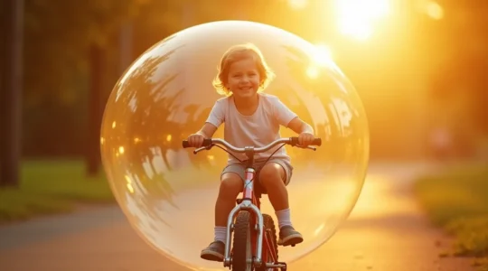 Enfant à vélo entouré d'une bulle protectrice symbolisant la sécurité et le confort