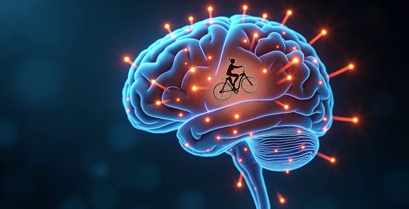 Illustration stylisée du cerveau d’un enfant avec des schémas montrant les réflexes d’équilibre activés par la draisienne