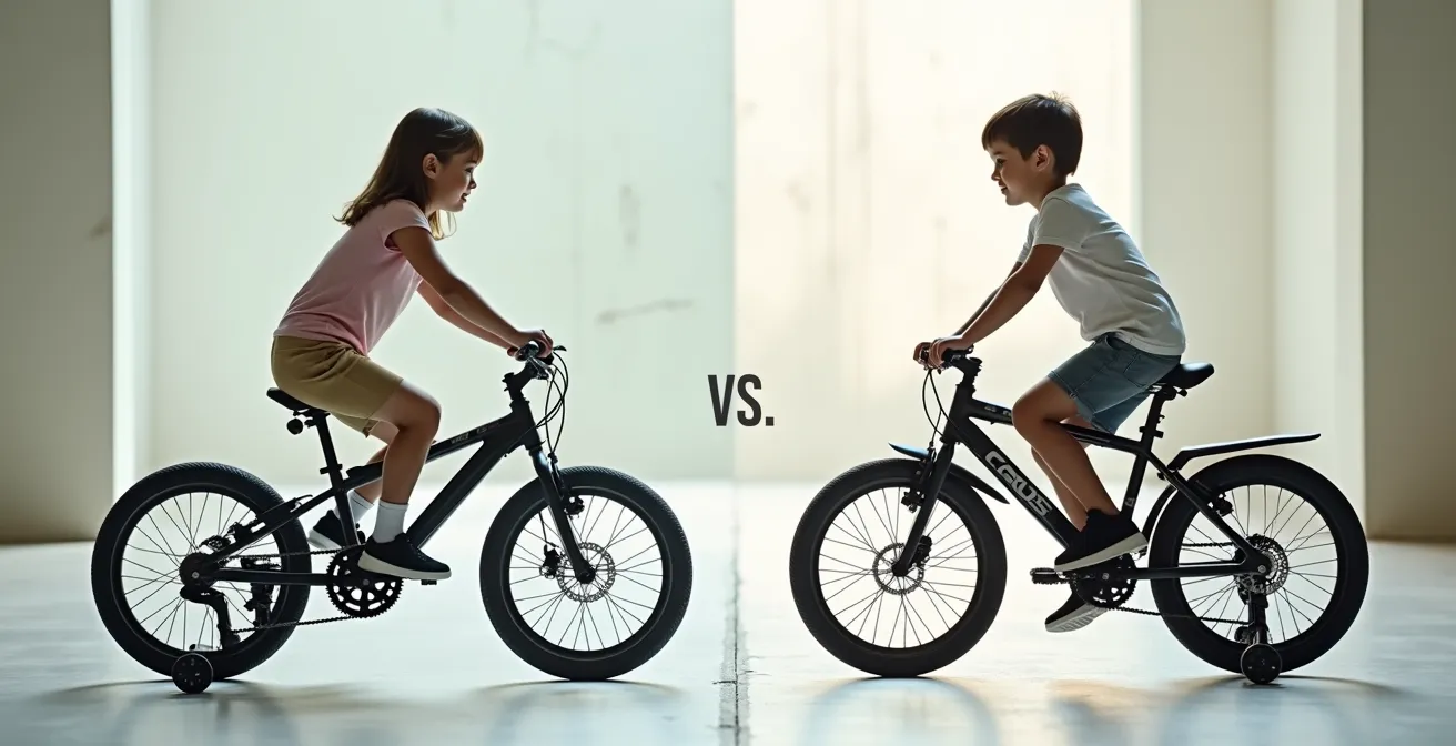 Comparaison visuelle entre cadre plongeant et cadre droit pour vélo enfant illustrant stabilité et centre de gravité