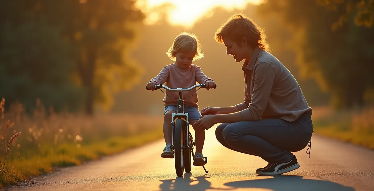 Scène d'un enfant avec un parent réparant une crevaison de vélo ensemble dans un cadre extérieur ludique et complice.