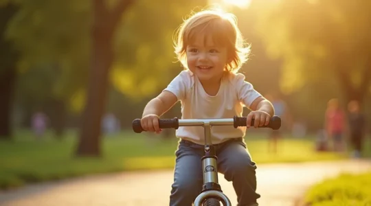 Enfant sur une draisienne apprenant à garder l'équilibre dans un parc ensoleillé
