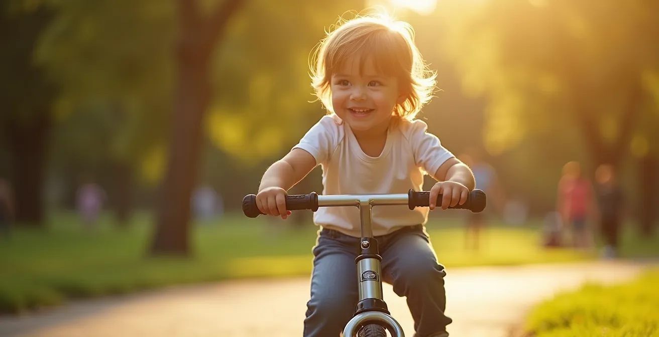 Enfant sur une draisienne apprenant à garder l'équilibre dans un parc ensoleillé
