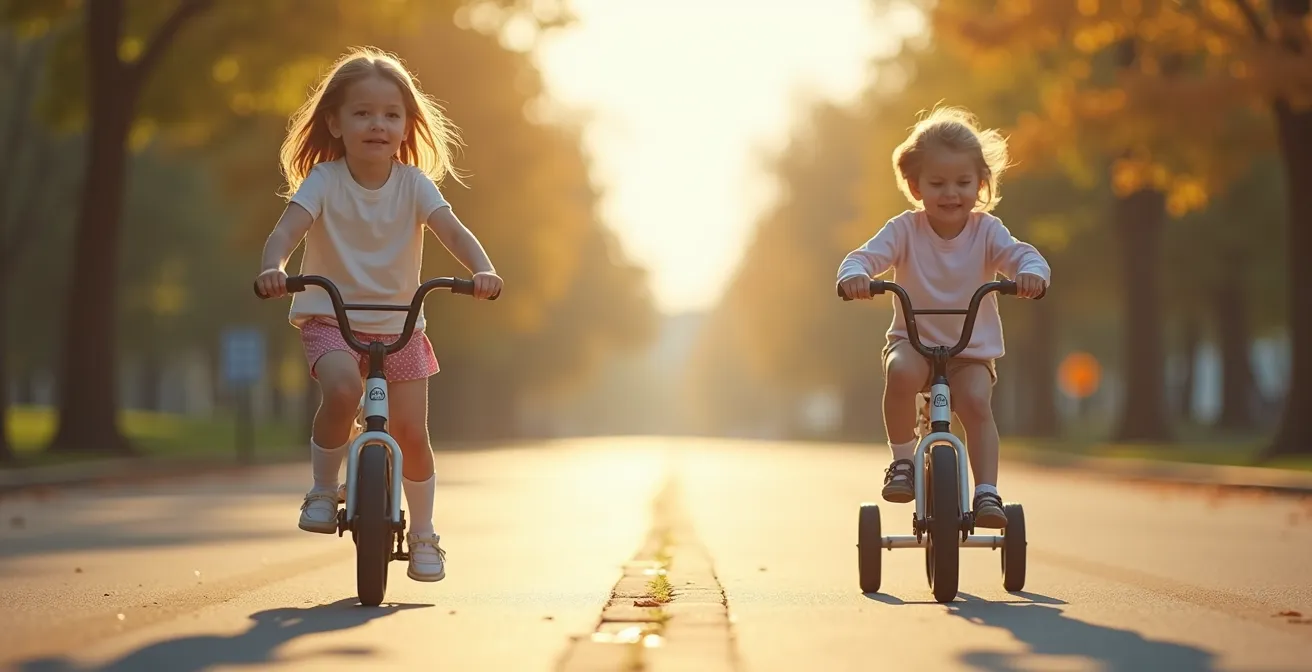 Un enfant apprentissant l’équilibre sur une draisienne, avec en arrière-plan un vélo équipé de petites roues contrastant la différence