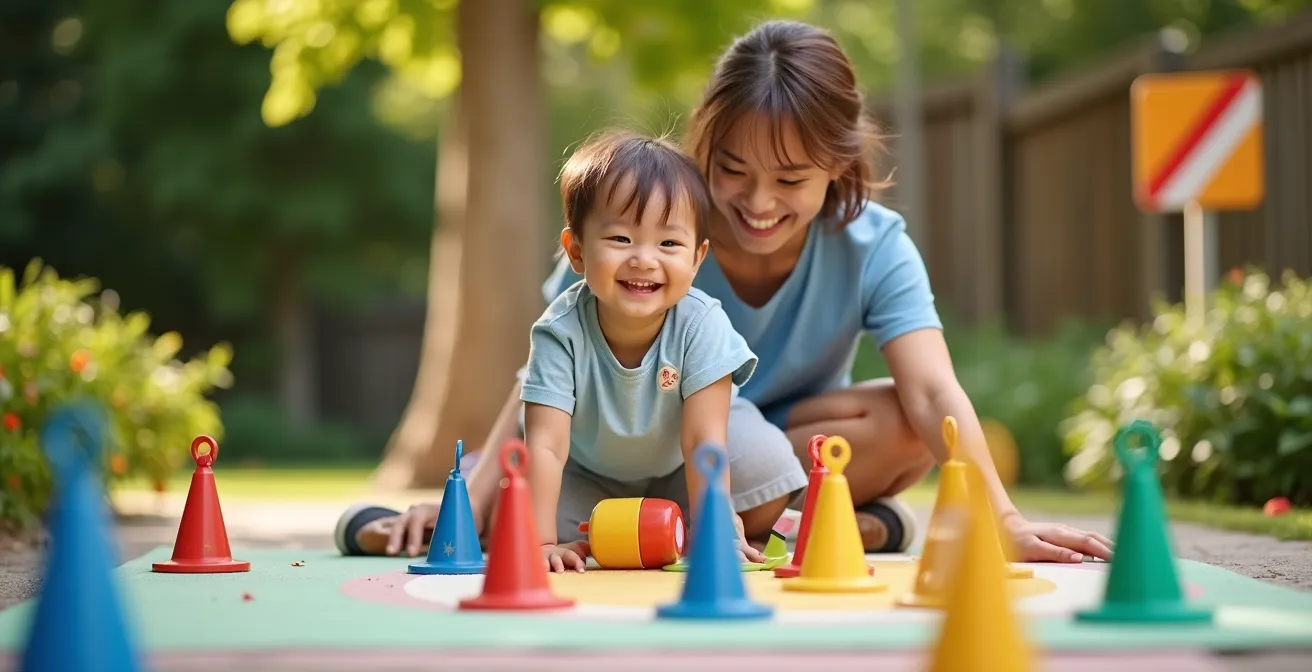 Enfant jouant à un jeu de sécurité vélo ludique avec un parent dans un jardin ensoleillé
