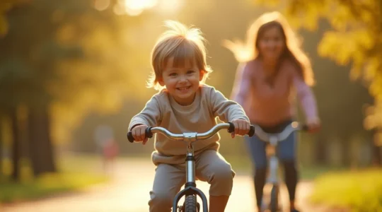 Un enfant joyeux apprenant à faire du vélo avec un parent attentif dans un parc ensoleillé