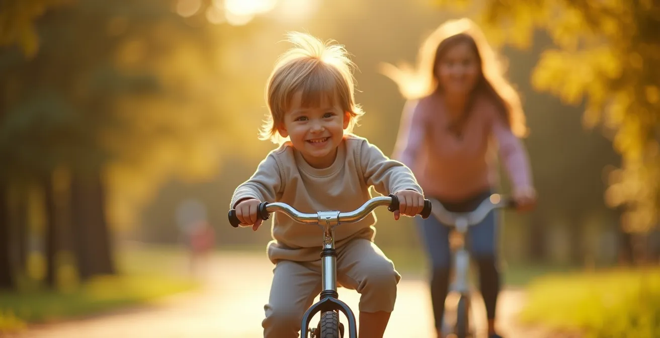 Un enfant joyeux apprenant à faire du vélo avec un parent attentif dans un parc ensoleillé