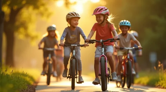 Un groupe d'enfants à vélo dans un club cycliste, illustrant la progression, la coopération et la maturité acquise à travers la pratique collective.
