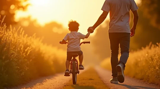 Un enfant de 8-10 ans roulant à vélo, accompagné d'un parent sur un chemin de campagne ensoleillé, symbolisant la transition vers un jeune cycliste autonome.