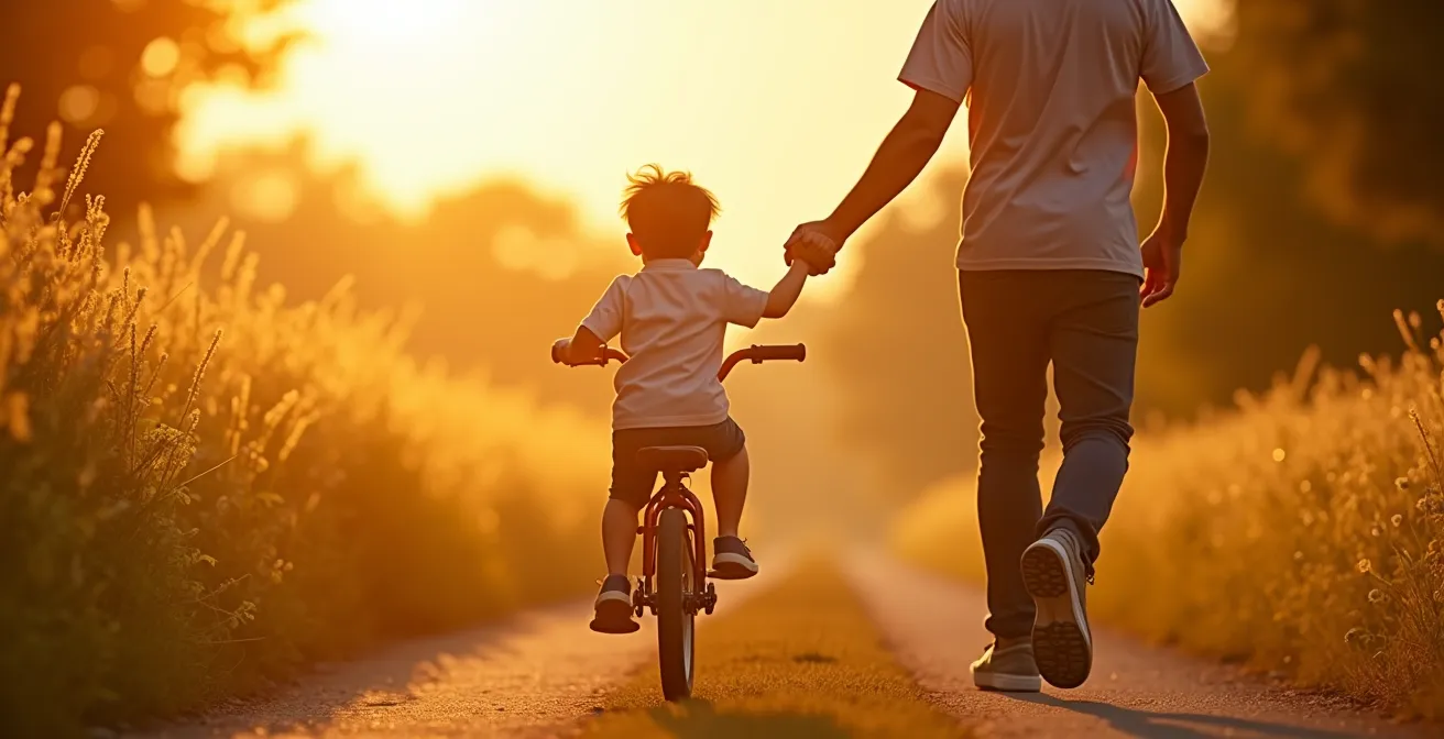 Un enfant de 8-10 ans roulant à vélo, accompagné d'un parent sur un chemin de campagne ensoleillé, symbolisant la transition vers un jeune cycliste autonome.