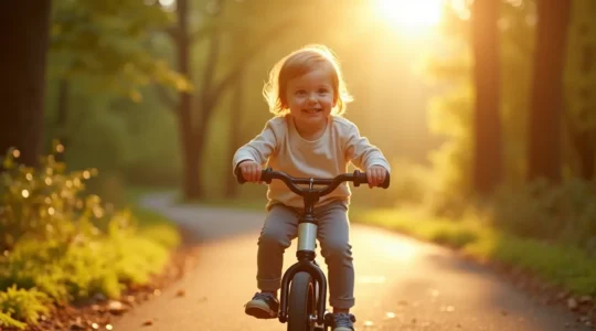 Un enfant en pleine course sur une draisienne, souriant, sur un chemin de forêt ensoleillé, symbolisant l'apprentissage actif de l'équilibre.