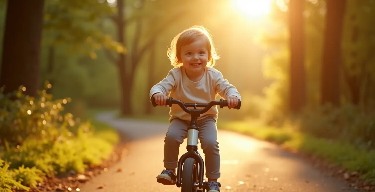 Un enfant en pleine course sur une draisienne, souriant, sur un chemin de forêt ensoleillé, symbolisant l'apprentissage actif de l'équilibre.