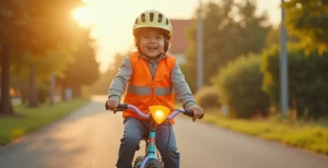 Jeune cycliste portant un casque, un gilet jaune, avec éclairage et accessoires de sécurité sur un vélo enfant