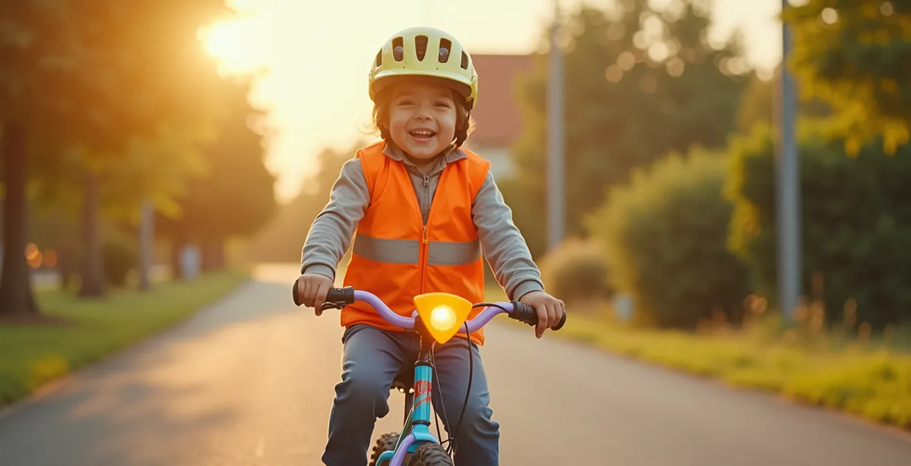 Jeune cycliste portant un casque, un gilet jaune, avec éclairage et accessoires de sécurité sur un vélo enfant