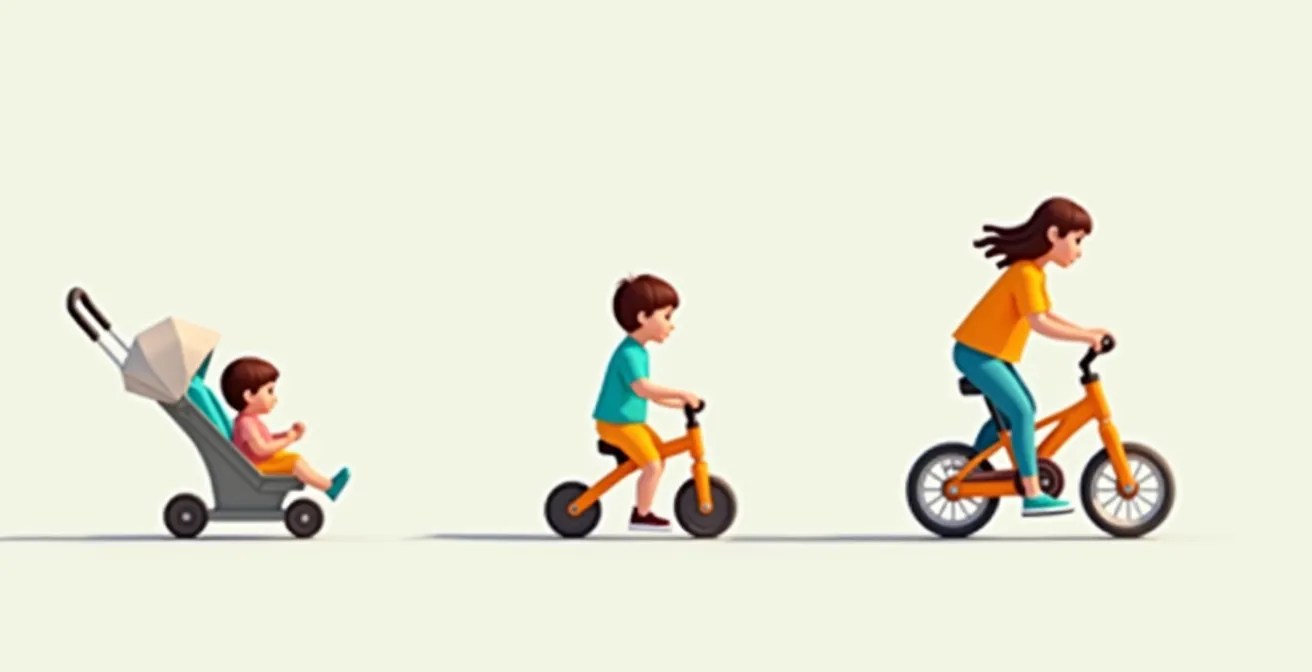 Illustration montrant un enfant passant de la poussette au tricycle puis à la draisienne dans un environnement progresif