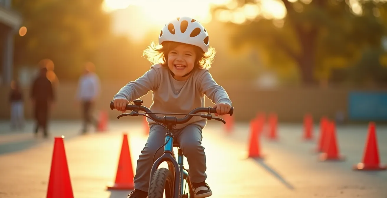 Enfant réalisant des exercices de freinage d'urgence et maniabilité dans un parc sécurisé avec des cônes colorés