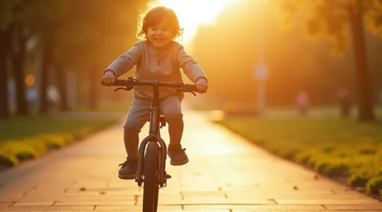 Enfant sur un vélo avec un cadre parfaitement adapté, montrant l'équilibre et la sécurité