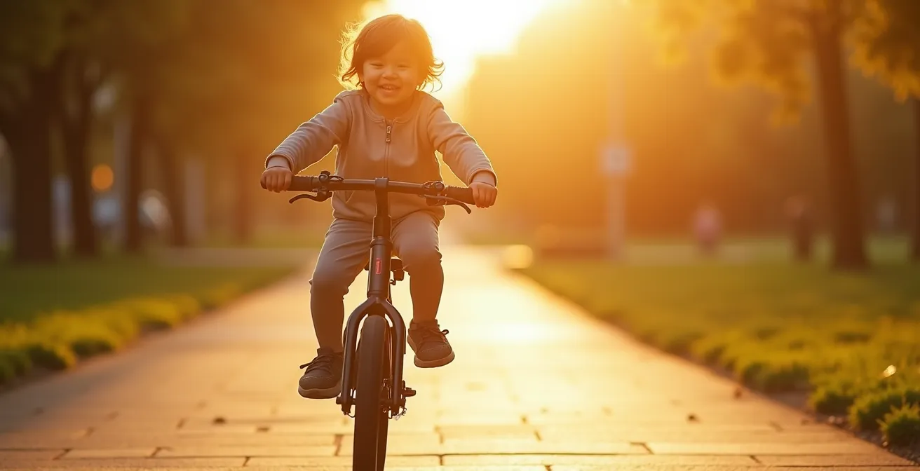 Enfant sur un vélo avec un cadre parfaitement adapté, montrant l'équilibre et la sécurité