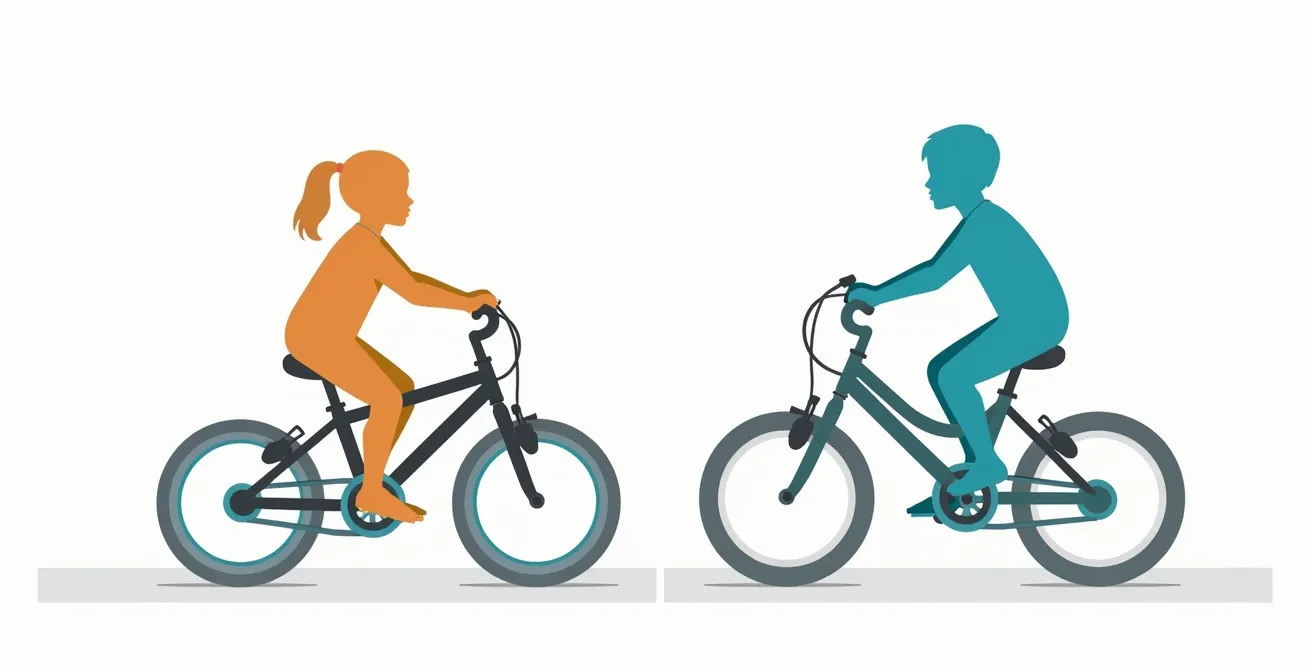 Schéma illustrant la posture d’un enfant sur deux vélos de même taille de roue mais avec des géométries de cadre différentes