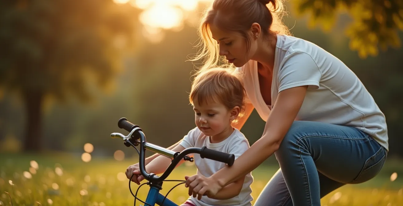 Parent apaisant un enfant après une chute à vélo dans un environnement calme et sécurisé