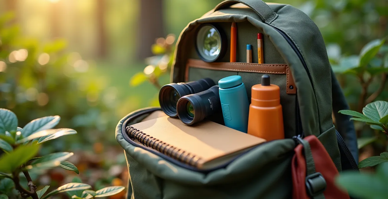 Sac à dos d'enfant préparé pour une aventure à vélo avec loupe, jumelles, carnet, boussole, gourde et goûter