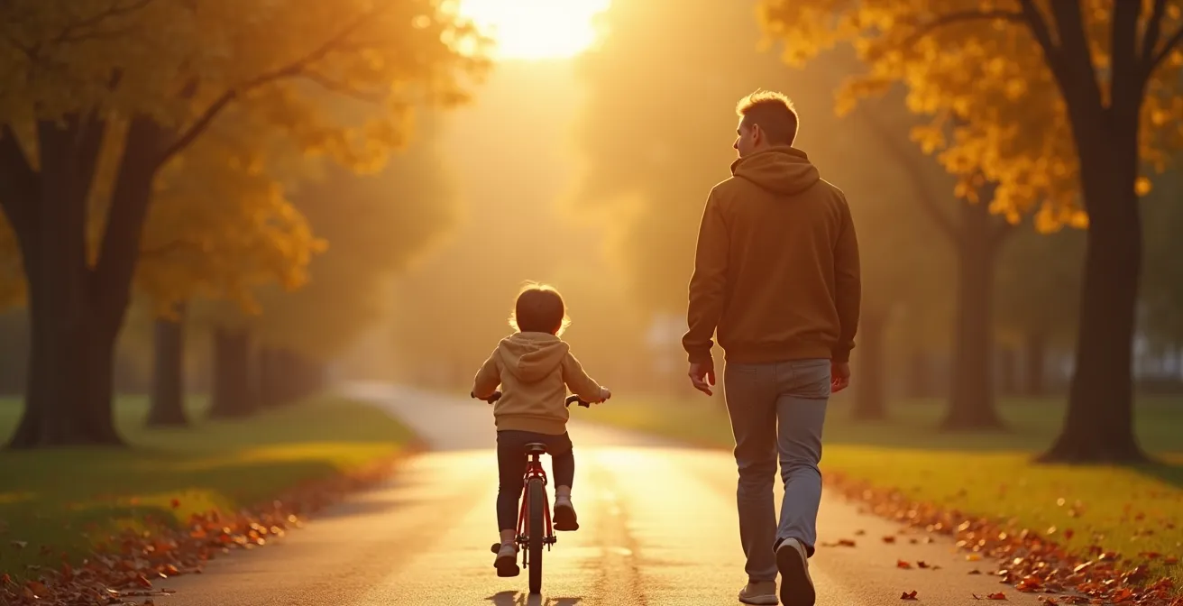 Parent souriant se tenant en avant sur un chemin, enfant à vélo le rejoint avec assurance et joie