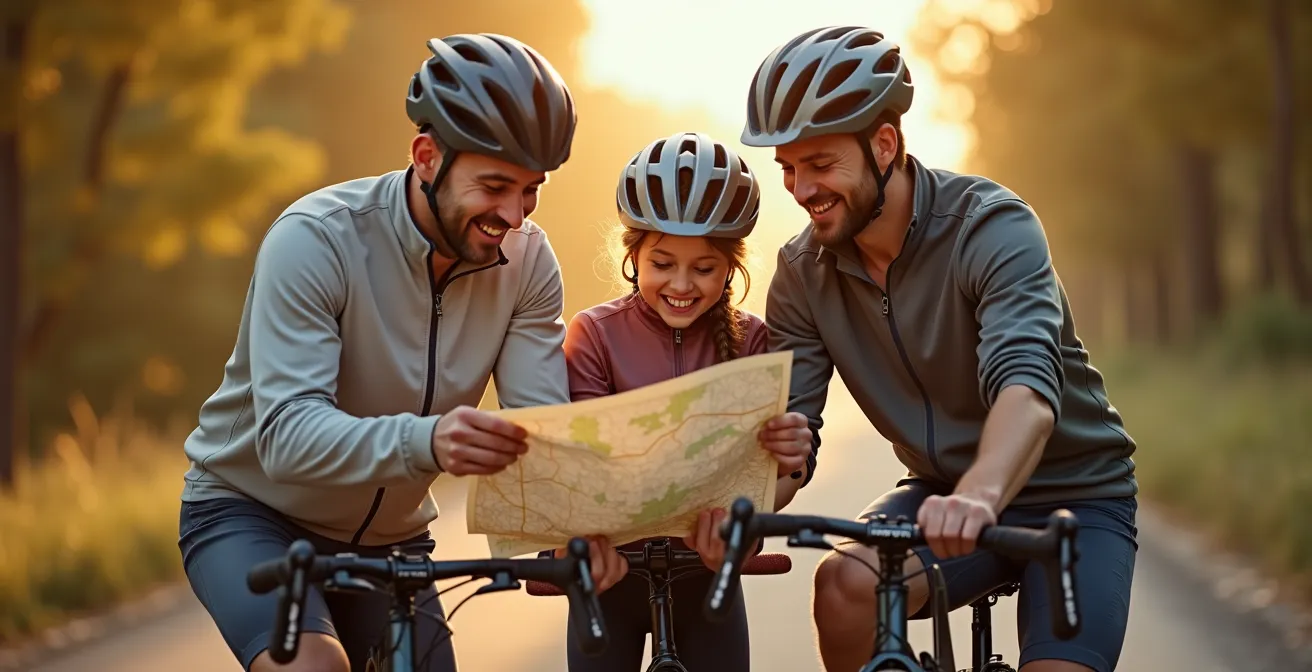 Famille en tenue de cyclistes préparant leur vélo et carte pour une micro-aventure ludique