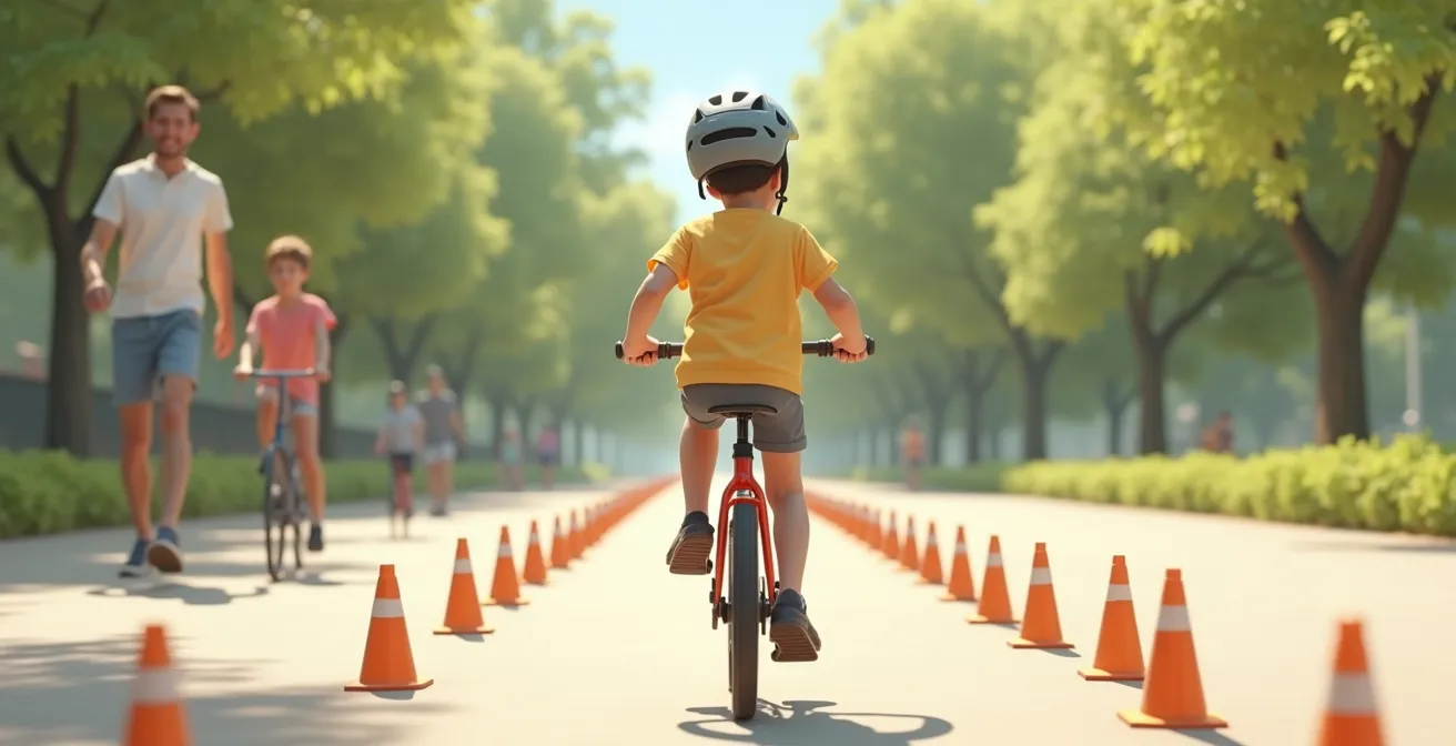 Enfant pratiquant la méthode de la draisienne sur un vélo modifié sans pédales, concentré sur l'équilibre
