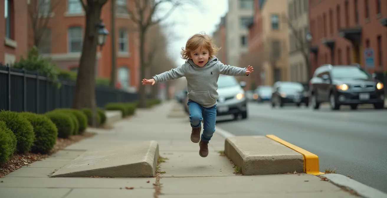 Un enfant en train de sauter d'une bordure de trottoir à une autre, transformant l'espace urbain en un parcours d'équilibre ludique.