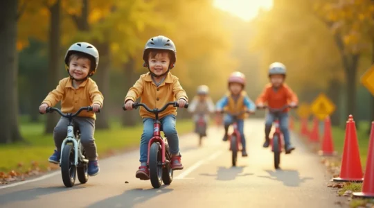 Enfant sur différents types de vélos (draisienne, vélo classique, VTT) en progression sur un parcours scolaire sécurisé