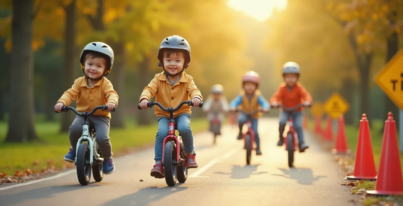 Enfant sur différents types de vélos (draisienne, vélo classique, VTT) en progression sur un parcours scolaire sécurisé