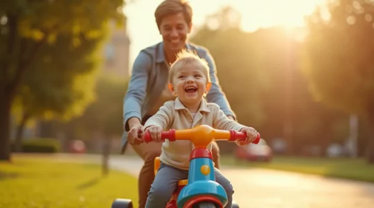 Enfant heureux sur un tricycle évolutif avec un parent le guidant dans un parc lumineux