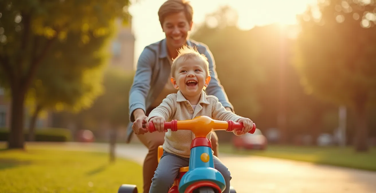 Enfant heureux sur un tricycle évolutif avec un parent le guidant dans un parc lumineux