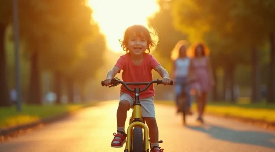 Enfant joyeux sur son premier vélo, explorant un chemin ensoleillé avec ses parents en arrière-plan