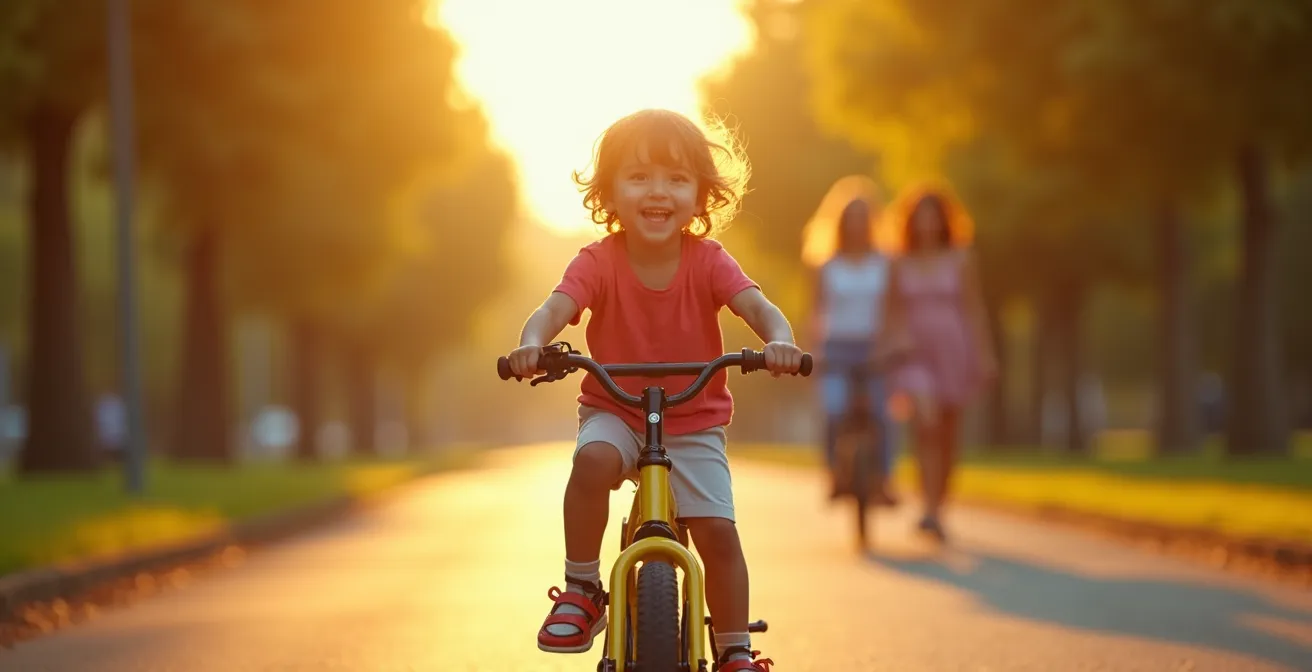 Enfant joyeux sur son premier vélo, explorant un chemin ensoleillé avec ses parents en arrière-plan