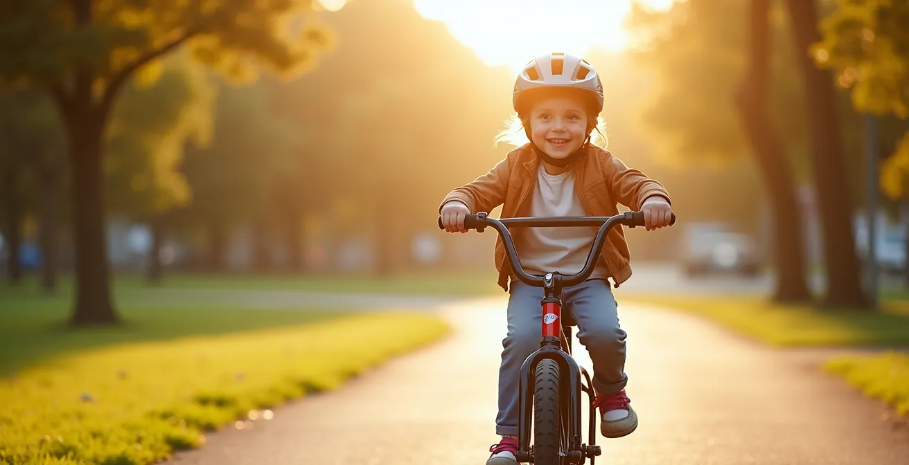 Enfant heureux sur un vélo à la bonne taille, portant un casque, dans un parc sûr et ensoleillé