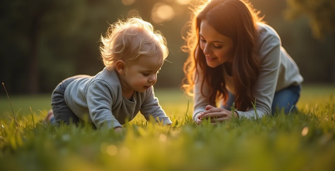 Enfant s'exerçant à tomber en douceur sur l'herbe avec un parent rassurant à ses côtés