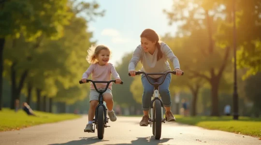 Un enfant en pleine transition de la draisienne au vélo à pédales dans un parc ensoleillé, illustrant la joie et la concentration