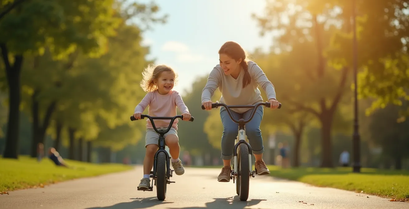 Un enfant en pleine transition de la draisienne au vélo à pédales dans un parc ensoleillé, illustrant la joie et la concentration