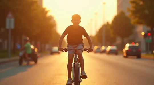 Adolescent montrant sa transition vers un vélo adulte dans un décor urbain ensoleillé avec une posture confiante.