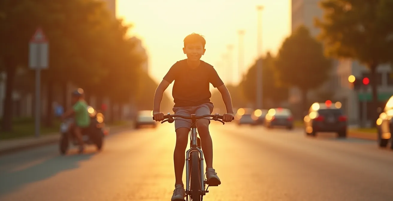 Adolescent montrant sa transition vers un vélo adulte dans un décor urbain ensoleillé avec une posture confiante.