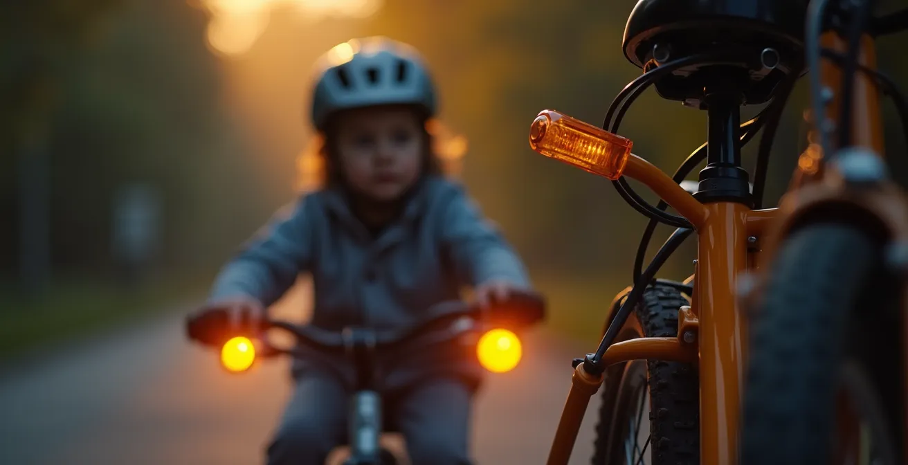 Illustration montrant un enfant avec casque, éclairage vélo et écarteur de danger sur une route urbaine en lumière douce