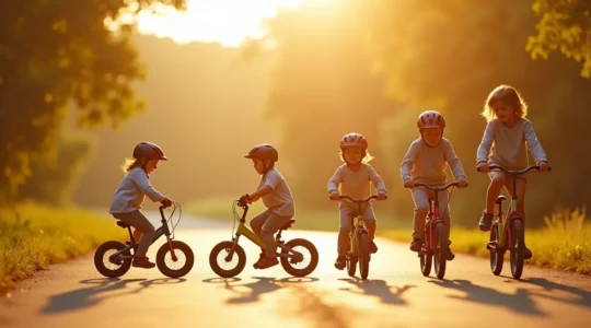 Enfant sur un vélo évolutif entouré de différents modèles de vélos et accessoires illustrant les étapes d'apprentissage et l'évolution jusqu'à l'adolescence