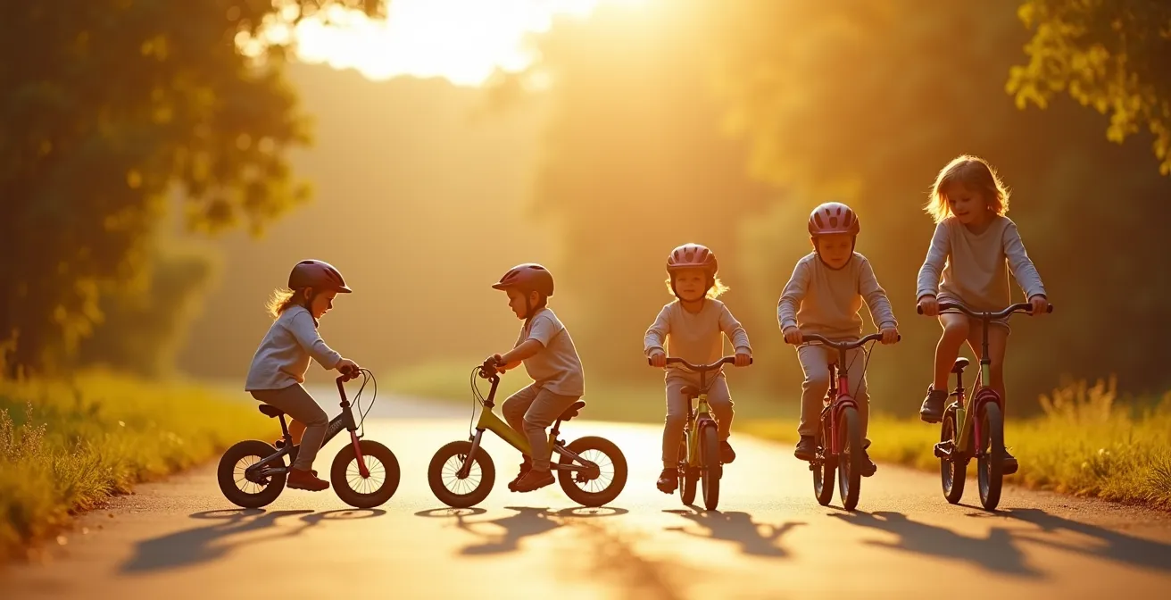 Enfant sur un vélo évolutif entouré de différents modèles de vélos et accessoires illustrant les étapes d'apprentissage et l'évolution jusqu'à l'adolescence