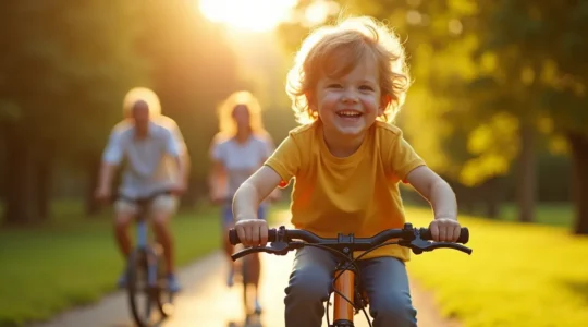 Un enfant à vélo souriant en pleine nature avec ses parents à l'arrière-plan, symbolisant l'apprentissage et la découverte