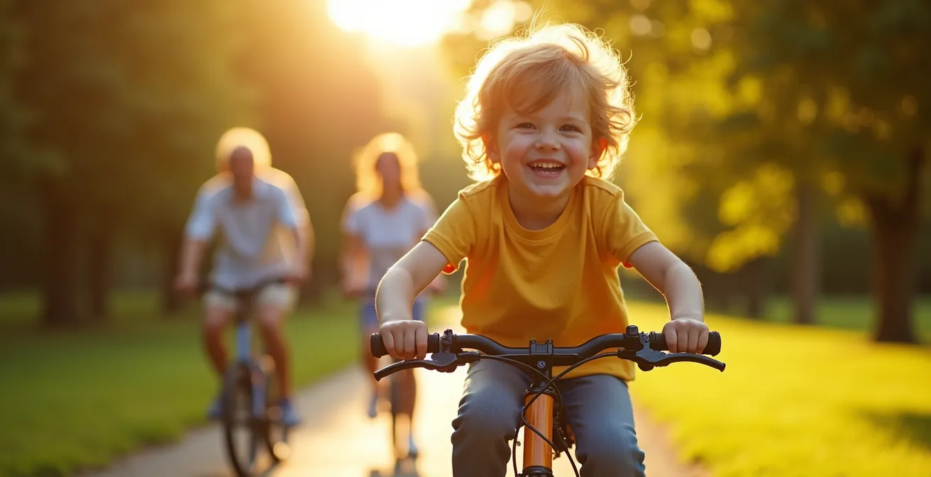 Un enfant à vélo souriant en pleine nature avec ses parents à l'arrière-plan, symbolisant l'apprentissage et la découverte